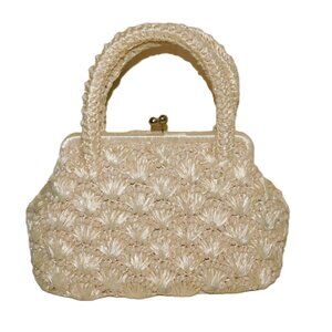 Vintage Cream Woven Beaded Handbag